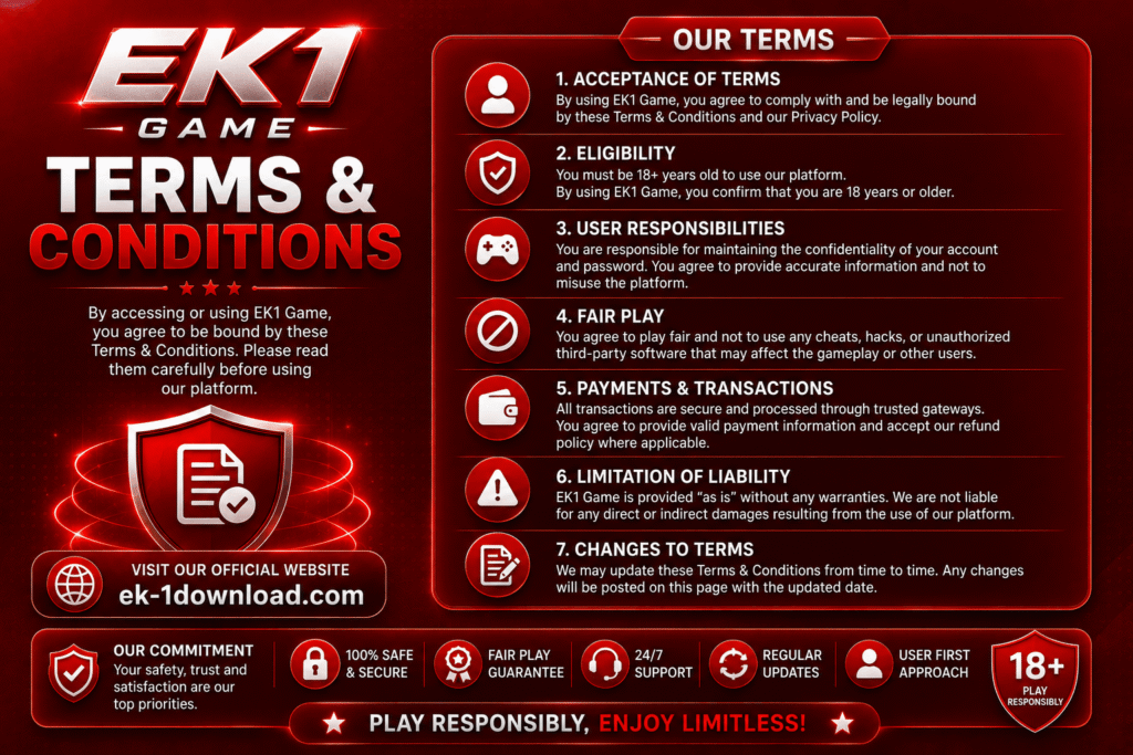 EK1 Game Terms and Conditions, EK1 App rules, user responsibilities and fair play guidelines